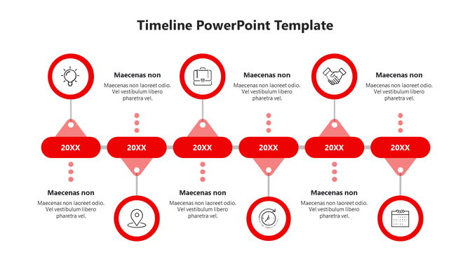 Red themed timeline with six circular icons and labels for year, visually connecting milestones with dotted lines.