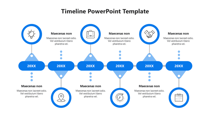Blue infographic timeline featuring six steps, each with a round icon, text placeholders, and curved blue year blocks.