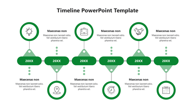 Horizontal timeline with green circular markers showing icons  with year and placeholders text.