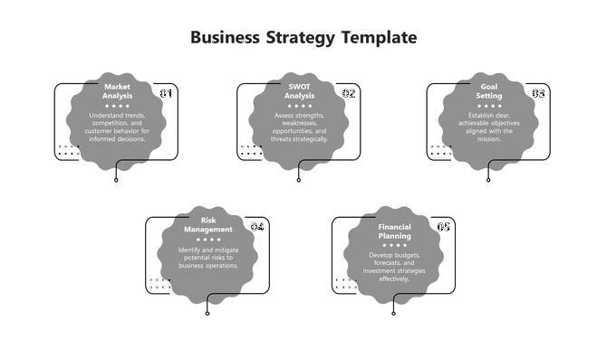 Gray themed business strategy template showcasing Market Analysis to Financial Planning with descriptions.