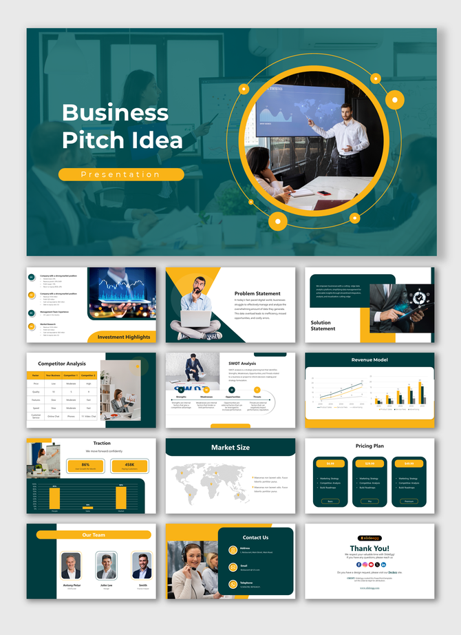 Business pitch ideas PPT with a modern design, including SWOT analysis, revenue model, and competitor analysis slides.