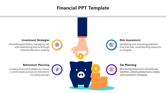Financial PowerPoint template featuring a piggy bank, coins, and key financial planning categories.