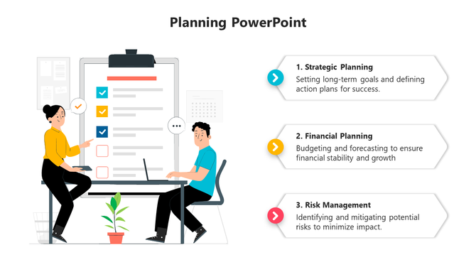 Planning PPT shows a checklist with three steps from Strategic Planning to Risk Management with illustrations of two people.