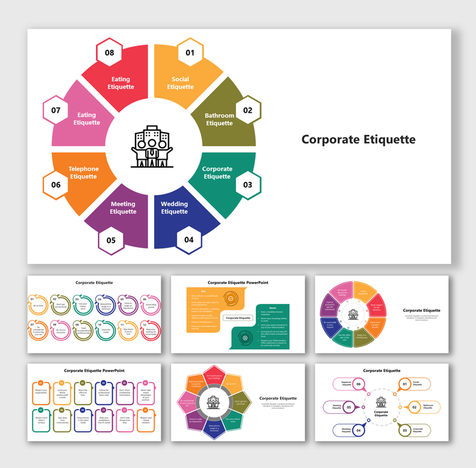 Corporate Etiquette PowerPoint slides in different colorful layout designs with icons and text descriptions on a white theme.
