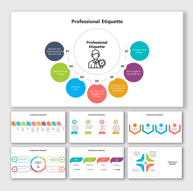 Professional etiquette showing colorful tips like punctuality, dress code, social media behavior, and communication style.