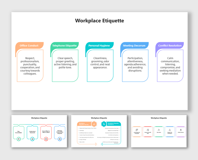 Slide deck on etiquette at work, including office conduct, telephone manners, and personal hygiene in distinct colors.