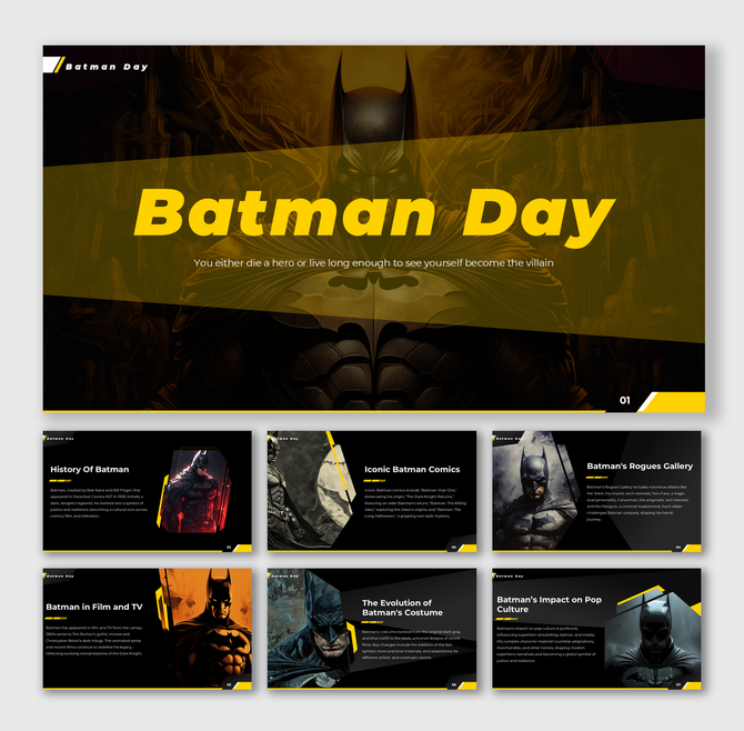 Batman slide deck with dramatic artwork and sections on rogues gallery, stories, and the legacy in media and fan culture.