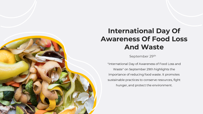 Circular food waste image with curved yellow and white lines on a neutral background, with text on the right.