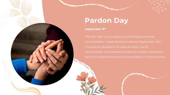 Pardon day awareness graphic with floral accents, and an image of two hands holding each other, on a soft peach background.