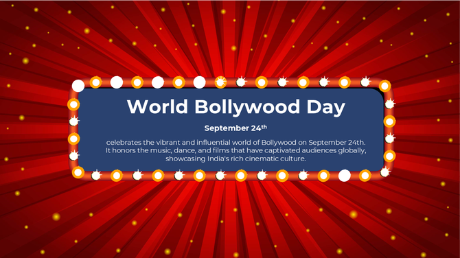 World Bollywood Day design with a marquee and golden sparkles, focusing on the celebration of Bollywood’s cultural legacy.
