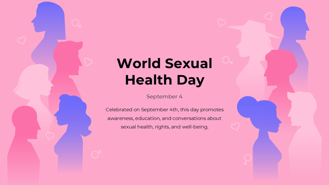 Silhouettes of individuals with hearts and gender symbols in the pink background, symbolize World Sexual Health Day.