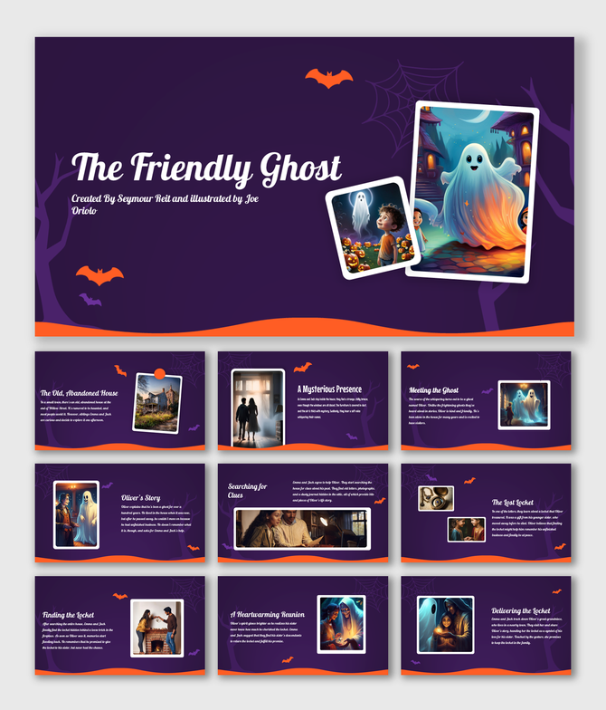 A friendly ghost emerges PPT slides into a spooky, purple colorful setting with a child, with text descriptions.