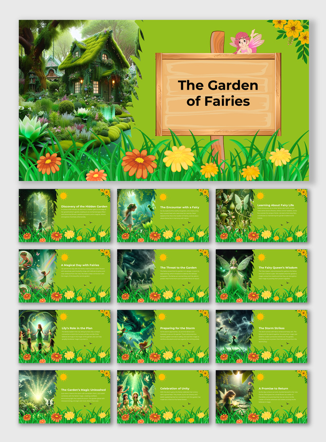 Fairy garden with lush greenery, flower borders, fairy characters, and scene illustrations on bright green background slides.