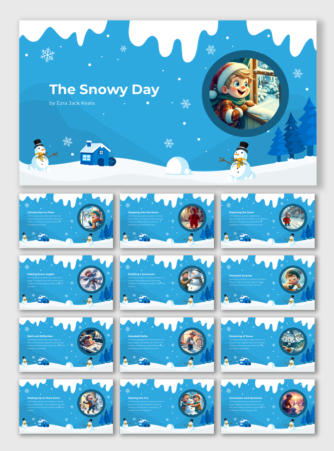 Children's story slides with a snowy blue theme, snowman graphics, and round images of a boy exploring winter scenes.