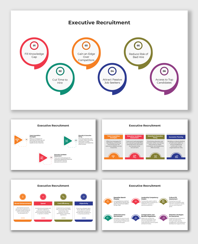 Executive Recruitment infographic showing benefits such as filling knowledge gaps, cutting time to hire, and more.