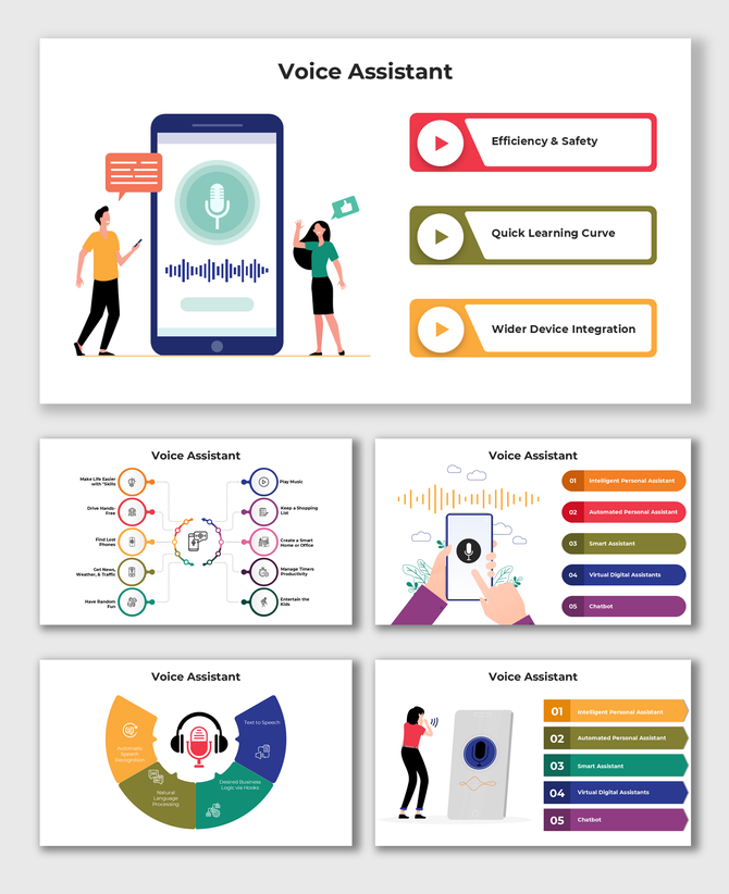 Illustrated voice assistant features: efficiency, quick learning, wide device compatibility, with icons and a mobile screen.
