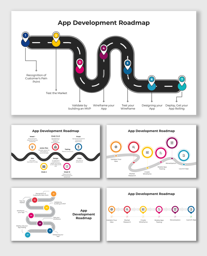 App development roadmap showing stages from concept to deployment on a road-themed path with milestone icons.