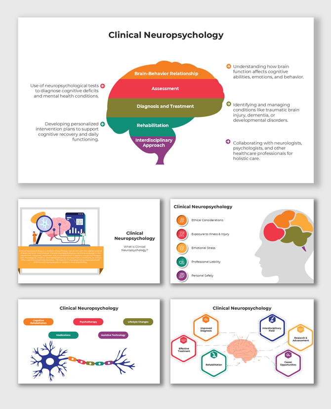 Alt: Clinical Neuropsychology cover slide with colorful layered brain diagram and labeled sections on a clean background.