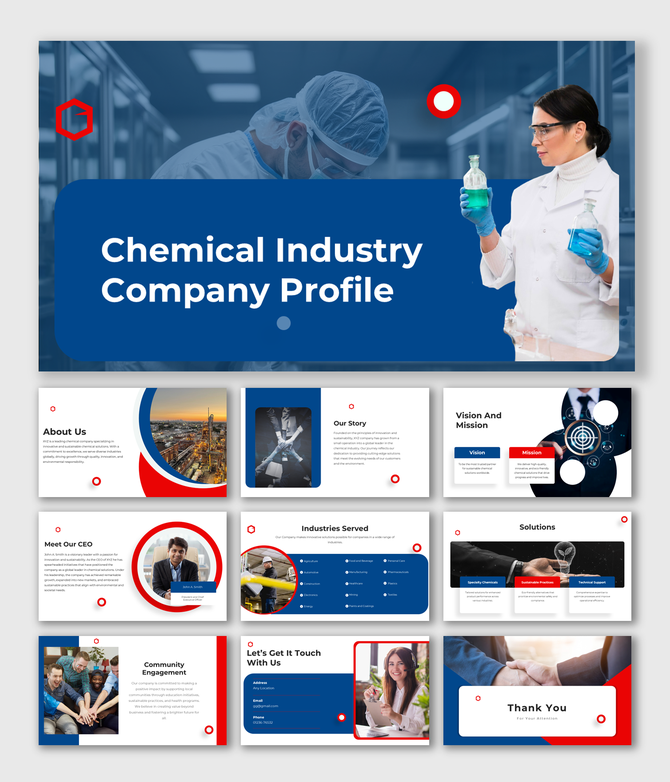 Company presentation slide with interconnected circles, featuring from title to meeting with placeholder text.