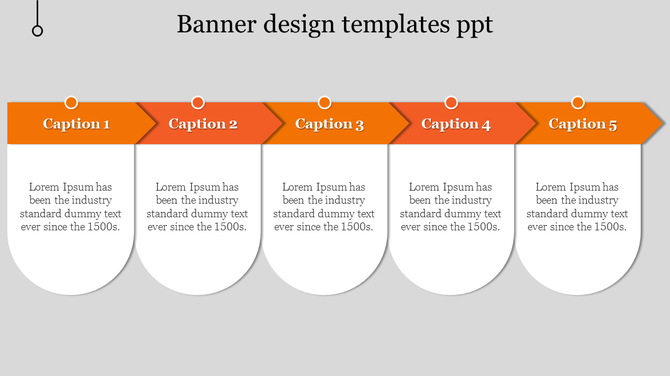 Five section banner design with orange pointed labels on top and white rounded text boxes beneath, aligned in a row.