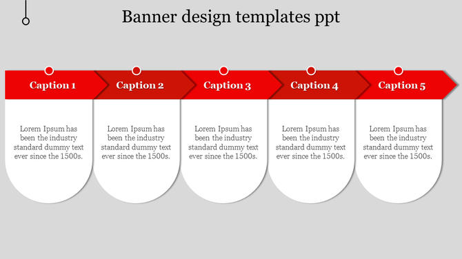 Red and white banner design PPT template with five sections for captions and placeholder text.