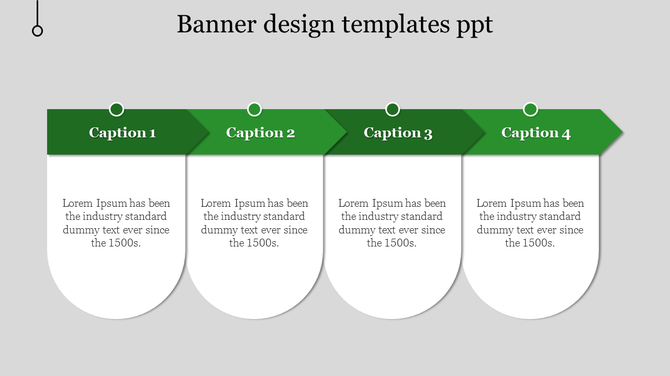 PowerPoint slide with four green headed banners labeled Caption 1 to 4 and white text boxes underneath.