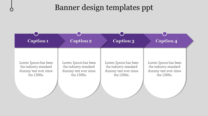 Horizontal banner template with four purple labels at the top, each linked to a white text box below with placeholder text.