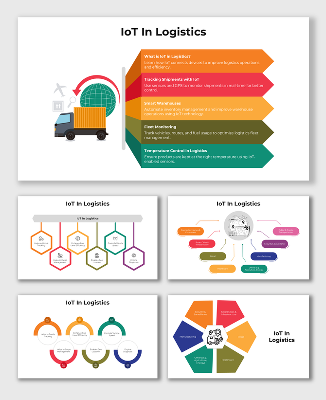 Infographic illustrating IoT applications in logistics, including shipment tracking, fleet monitoring, and smart warehouses.