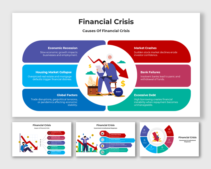 Alt: Financial Crisis slide with central market crash illustration and a downward arrow, surrounded by labeled cause boxes.