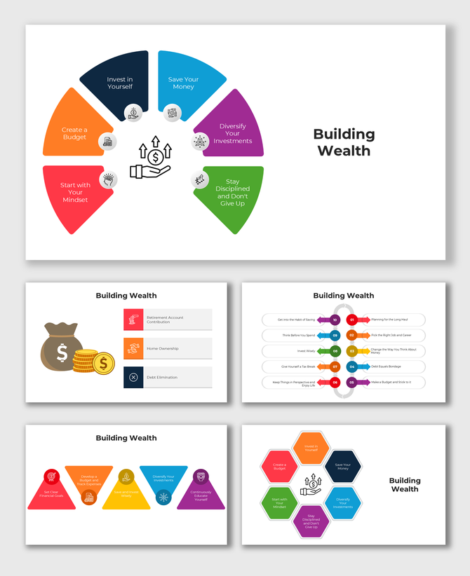 Circular diagram highlighting steps to build wealth, including budgeting, investing, saving, and diversifying investments.