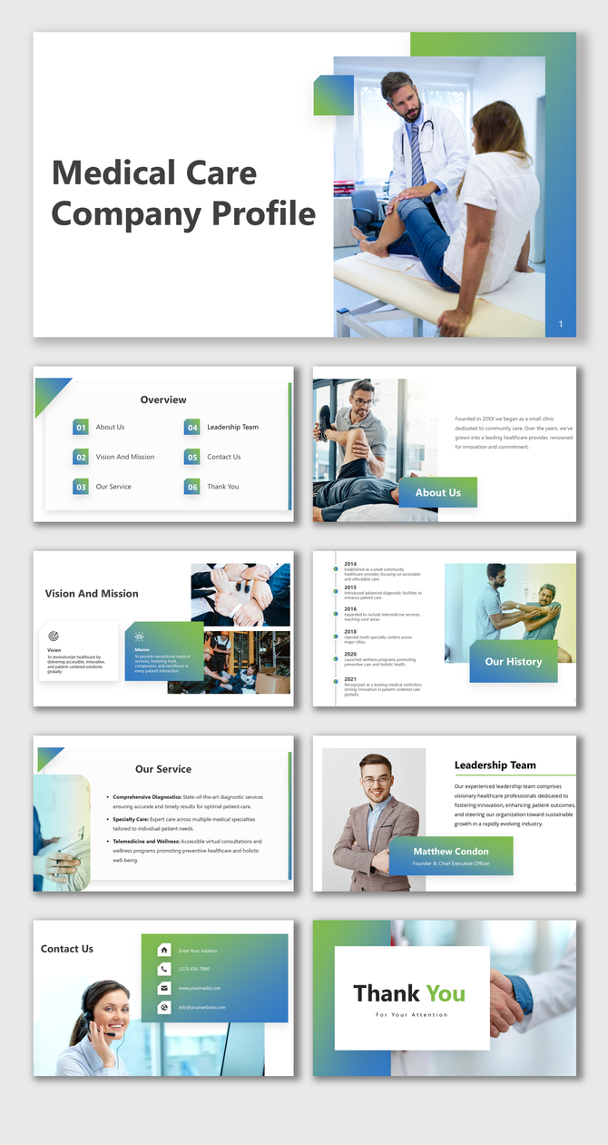 Medical care company profile slides featuring sections on vision, services, leadership team, history, and contact details.