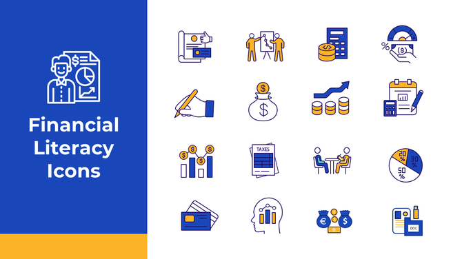 Set of colorful financial literacy icons including graphs, calculators, credit cards, and charts for money management visuals