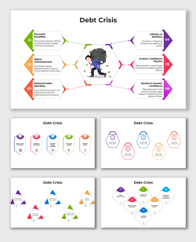 Illustration of debt crisis effects with icons showing economic instability, unemployment, and reduced public spending.