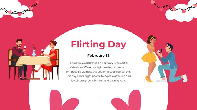 Celebration of Flirting Day with couples enjoying dinner and a romantic proposal under festive Valentine-themed decor.