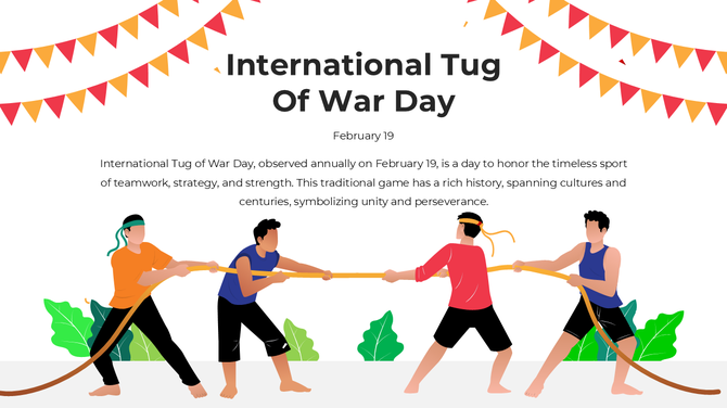 Teams engage in tug of war with vibrant banners and greenery in the background, representing teamwork and perseverance.