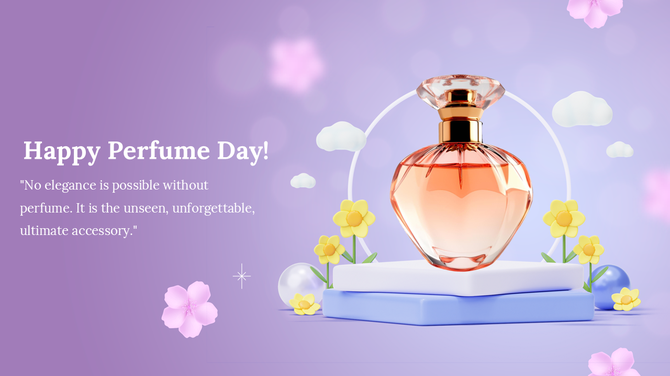 Perfume bottle on a decorative stand with yellow flowers and a soft purple theme celebrating the essence of Perfume Day.