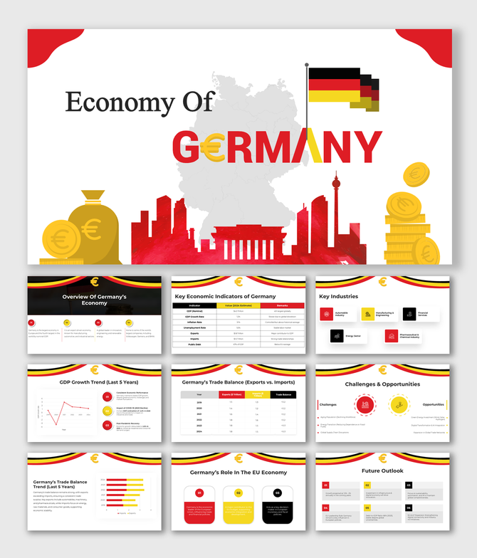 Presentation on Germany's economy featuring key industries, GDP trends, trade balances, and future outlook.
