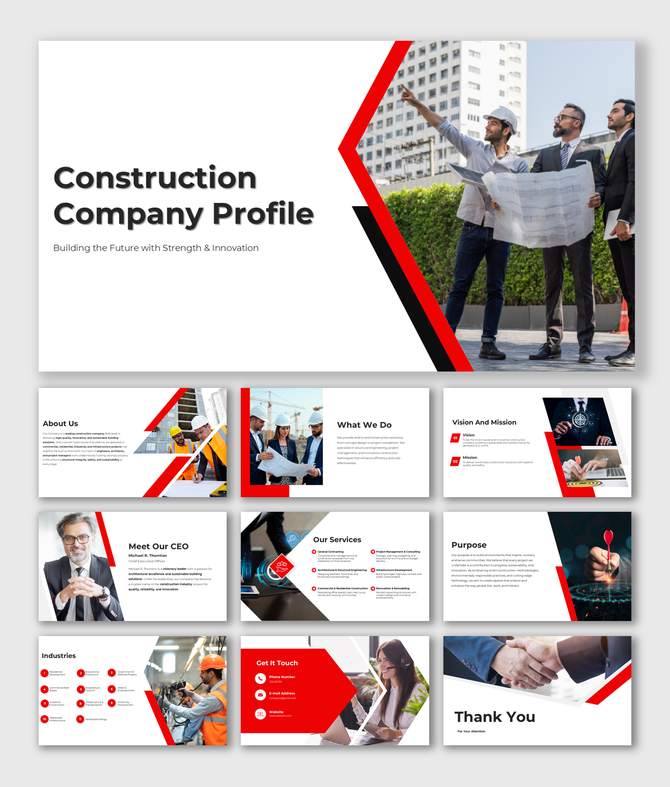 Professional construction company profile template showcasing business overview, services, industries, and leadership team.