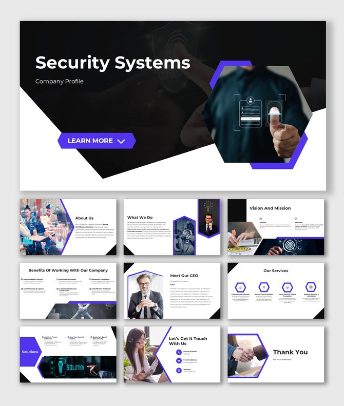 Corporate security firm presentation showcasing services, vision, leadership, and advanced security technology solutions.