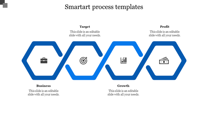 SmartArt process slide with four hexagonal icons representing business, target, growth, and profit in a blue outline.