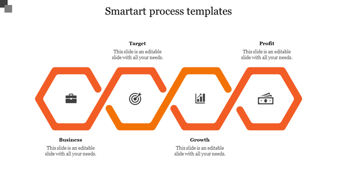 Linear SmartArt diagram with four orange hexagons, each containing an icon, labeled business, target, growth, and profit.