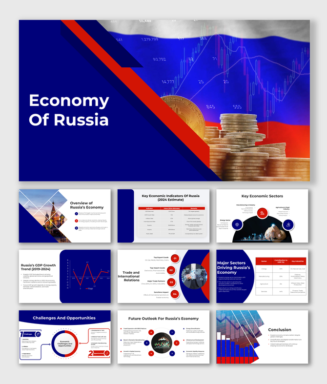 Alt: Economy of Russia slide showing Russian flag background, map or emblem icon, and charts with key economic indicators and trade metrics.