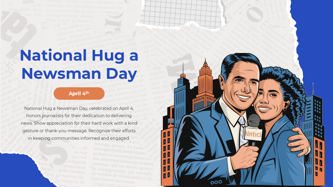 Illustrated journalists smiling with a city backdrop, celebrating National Hug a Newsman Day with a warm embrace.