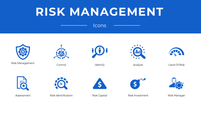 A collection of risk management icons, including control, analysis, assessment, and investment symbols.