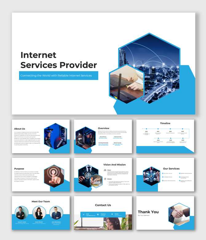 Corporate internet service provider slides featuring company overview, services, mission, and contact details.