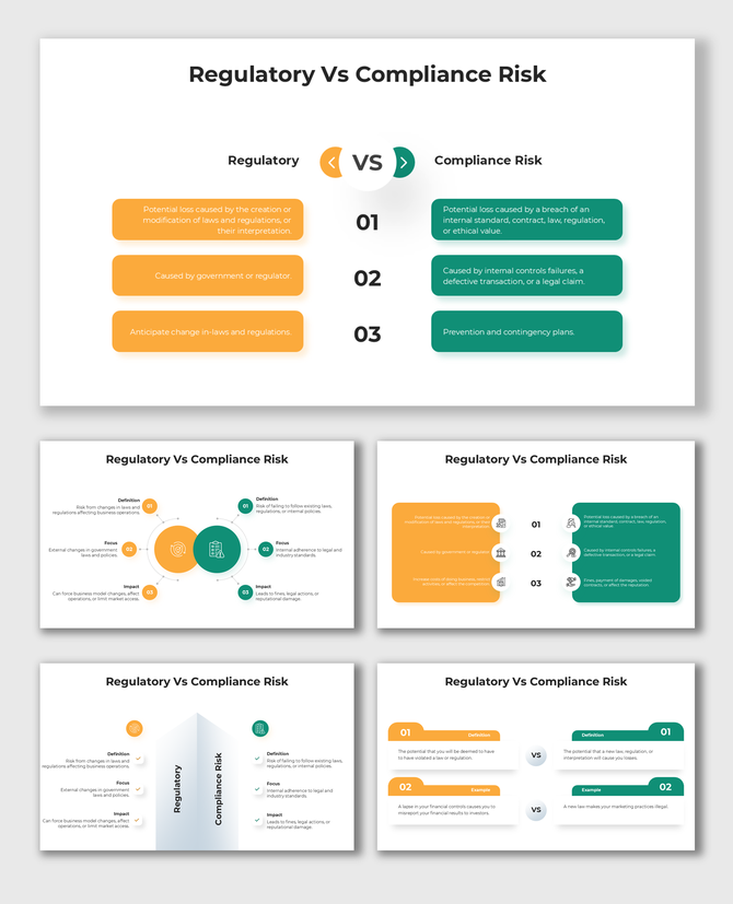 Regulatory vs compliance risk comparison with visual elements showing causes, impacts, and prevention measures.