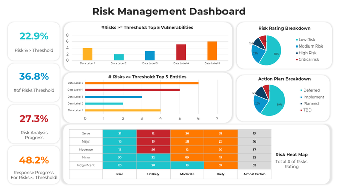 Dashboard visualizing risk percentages, analysis progress, top vulnerabilities, and action plans using graphs and heat maps.