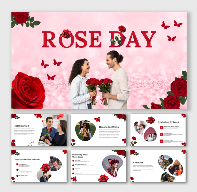 Visual slides highlighting Rose Day’s symbolism, history, and celebration with images of roses and couples.