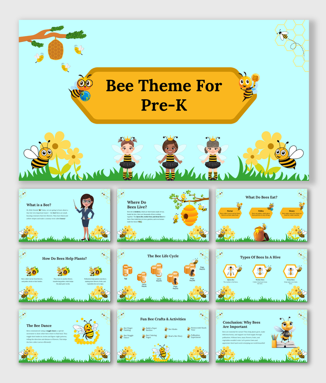 Fun and engaging bee-themed learning slides for preschoolers, featuring animated bees, nature, and interactive activities.