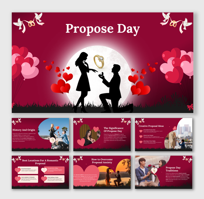 Romantic proposal-themed design with heart decorations, a silhouette of a couple, and sections for proposal tips and location